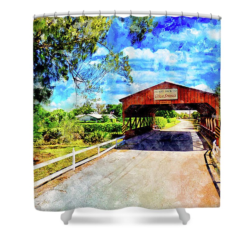 Coral Springs Covered Bridge Shower Curtain featuring the digital art Coral Springs Covered Bridge - watercolor ink painting by Nicko Prints