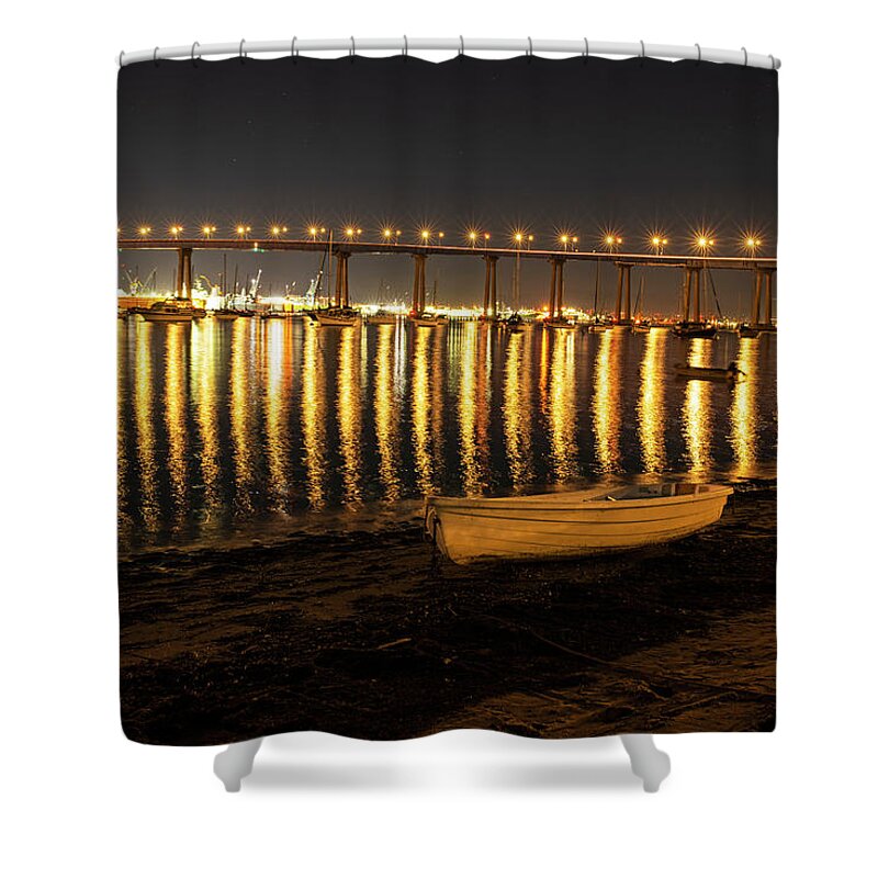 Coronado Shower Curtain featuring the photograph Coronado Rowboat at Night and the Coronado Bridge Coronado California by Toby McGuire