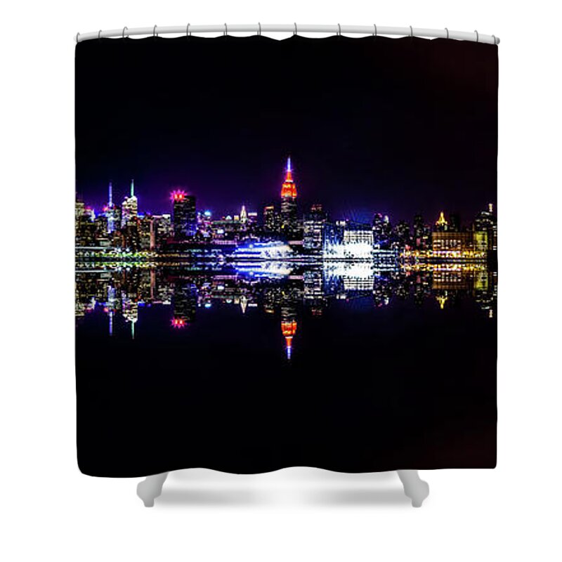 New York City Skyline At Night Shower Curtain featuring the photograph Corporate Cinema by Az Jackson