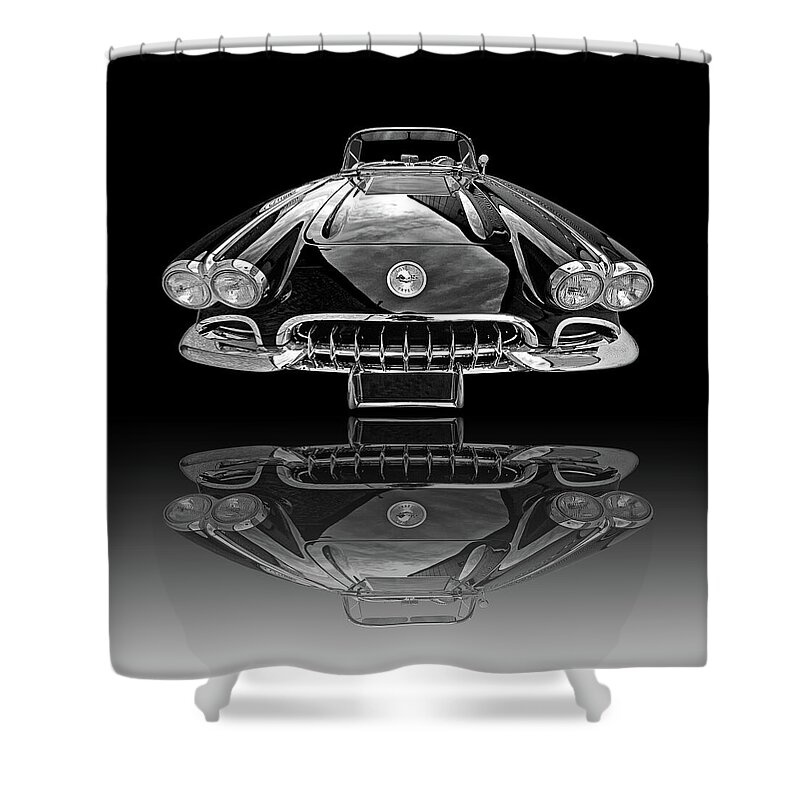 Classic Vette Shower Curtain featuring the photograph Corvette C1 Reflection On Black by Gill Billington