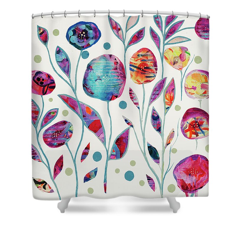 Flowers Happy Shower Curtain featuring the painting Cosmic Garden Party by Amy Lewis