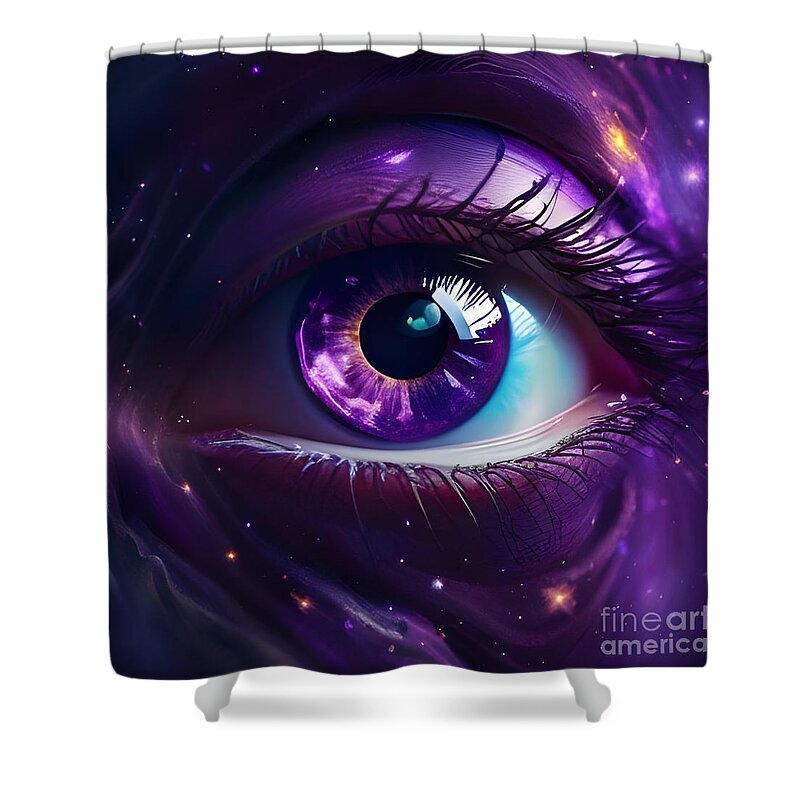 Purple Eye Shower Curtain featuring the mixed media Cosmic Vision - Purple Eye Reflecting the Wonders of Space and Galaxy by Artvizual Premium
