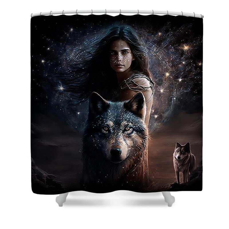 Cosmos Wolf Girl Shower Curtain featuring the digital art Cosmos Wolf Girl by Angie Tirado