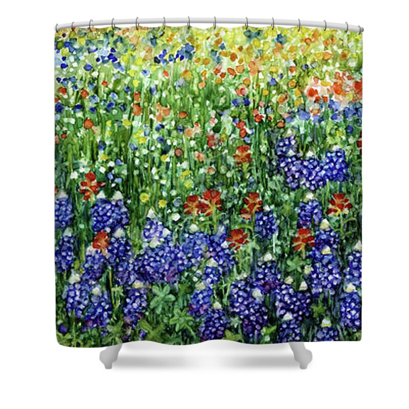 Bluebonnet Shower Curtain featuring the painting Cottage and Wildflowers - Bluebonnets by Hailey E Herrera