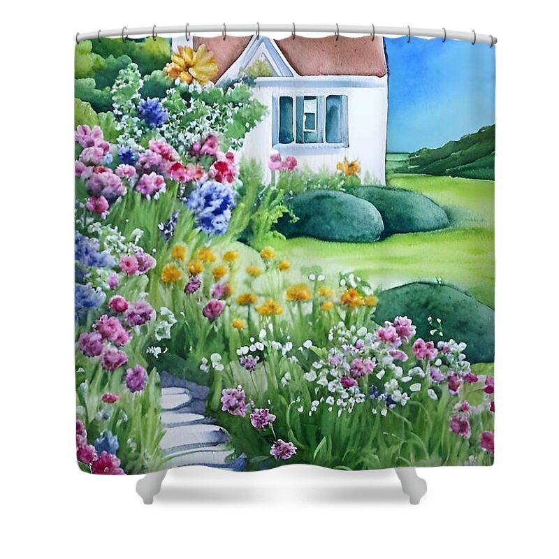 Garden Shower Curtain featuring the mixed media Cottage Flowers by Bonnie Bruno