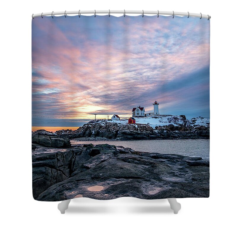 New Hampshire Shower Curtain featuring the photograph Cotton Candy Sunrise, Nubble Light. by Jeff Sinon