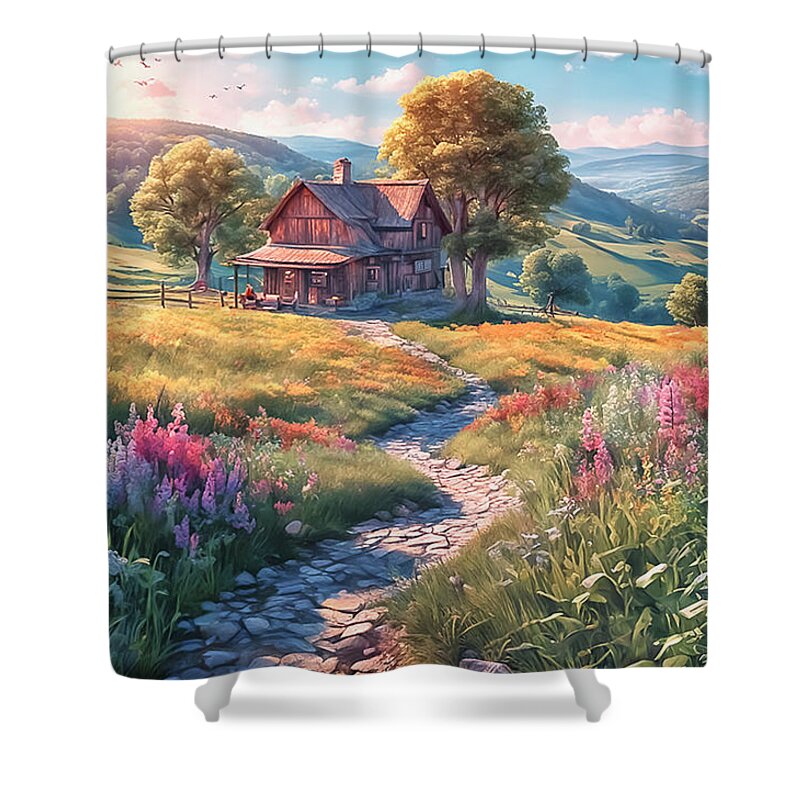 Landscape Shower Curtain featuring the digital art Country Home by Manjik Pictures
