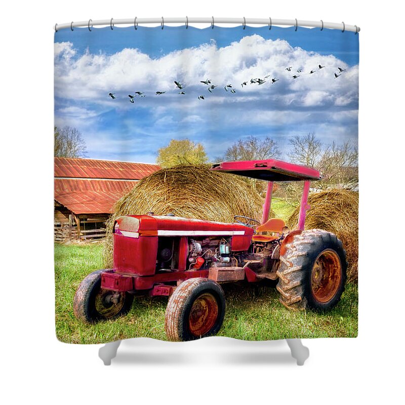 Andrews Shower Curtain featuring the photograph Country Red Farm Tractor by Debra and Dave Vanderlaan