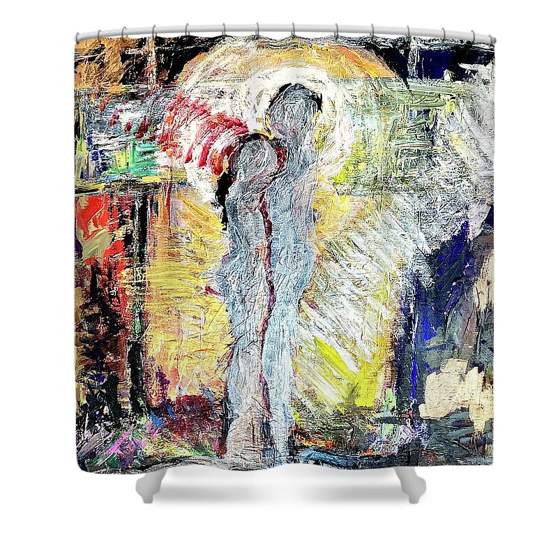 Two Figures On Abstract Landscape Shower Curtain featuring the painting Couple by David Euler