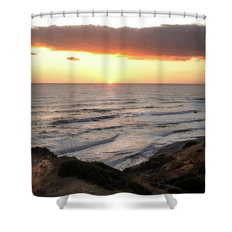 Sea Shower Curtain featuring the photograph Couple hugging at the edge of a cliff during a dramatic sunset by Michalakis Ppalis