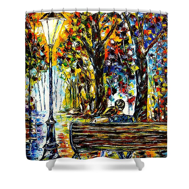 Lovers On A Bench Shower Curtain featuring the painting Couple On A Bench by Mirek Kuzniar