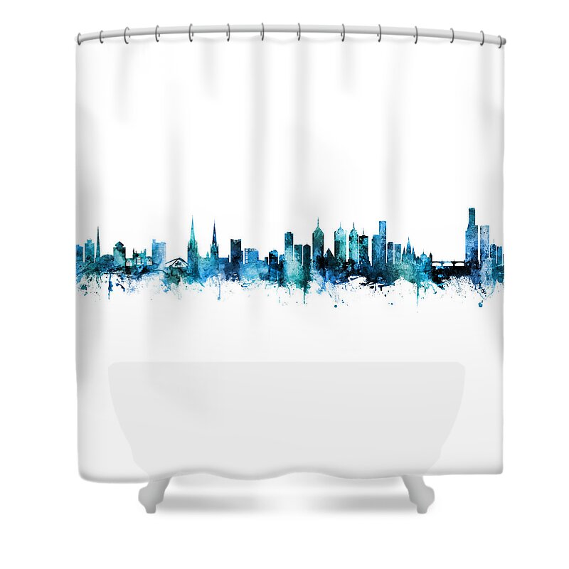 Melbourne Shower Curtain featuring the digital art Coventry and Melbourne Skylines Mashup by Michael Tompsett