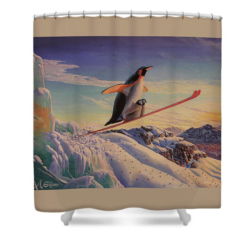 Penguin Shower Curtain featuring the painting Cowabunga by Michael Goguen