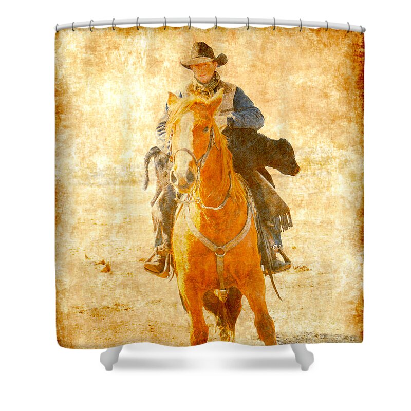 Cowboy Shower Curtain featuring the mixed media Cowboy Helps Calf by Kae Cheatham