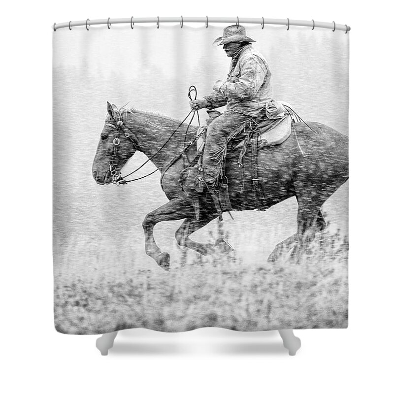 Cowboy;horse;snow;motion Shower Curtain featuring the photograph Cowboy in Motion by Eggers Photography