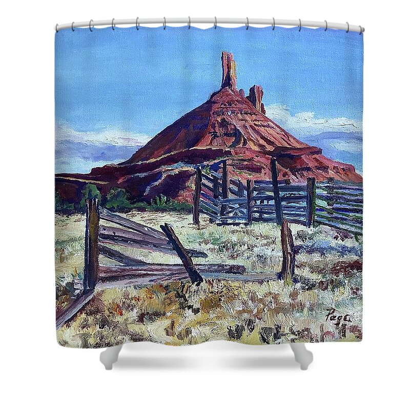 Moab Shower Curtain featuring the painting Cowboys Views by Page Holland