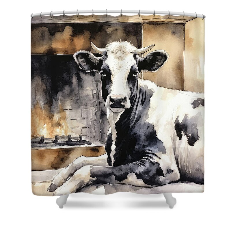 Cow Shower Curtain featuring the painting Cozy By The Fire by Tina LeCour