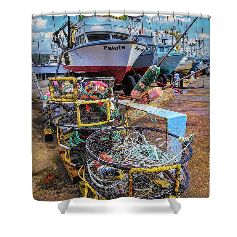 Coastal Shower Curtain featuring the photograph Crab Pots On The Docks by Debra and Dave Vanderlaan