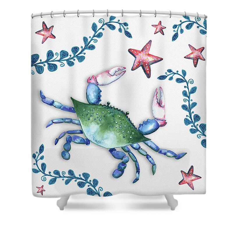 Blue Shower Curtain featuring the painting Crab with Starfish and Plantlife by Michele Fritz
