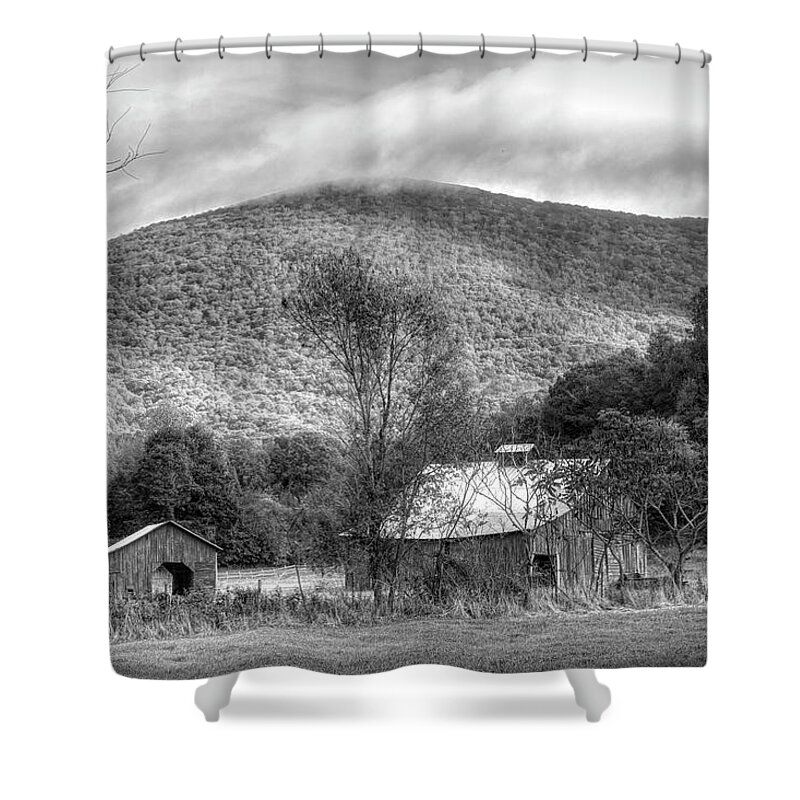 Barns Shower Curtain featuring the photograph Creeper Trail Wooden Barns Damascus Virginia Black and White by Debra and Dave Vanderlaan