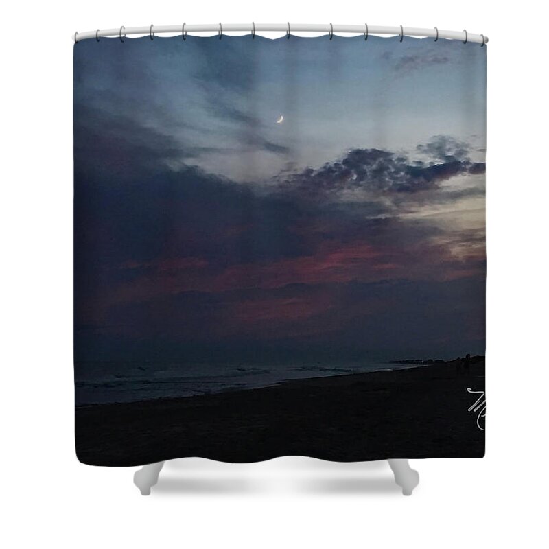 Crescent Moon At Beach Shower Curtain featuring the photograph Crescent Moon at Beach by Meta Gatschenberger