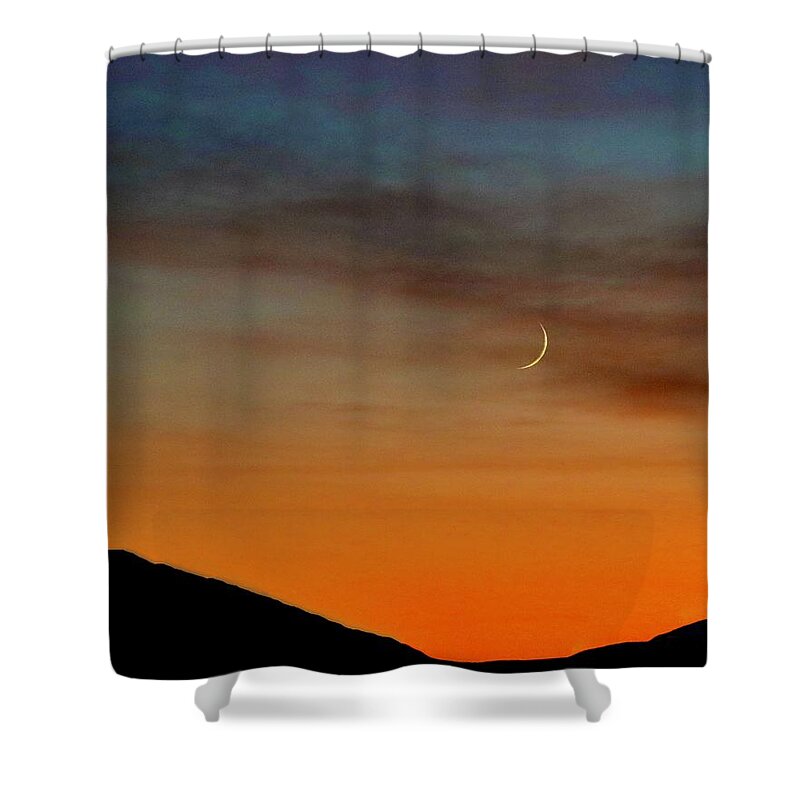 Moon Shower Curtain featuring the photograph Crescent Moon at Sunset by Sarah Lilja