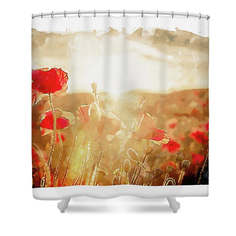 Poppy Sunset Shower Curtain featuring the digital art Crimson Fields by Airpower Art