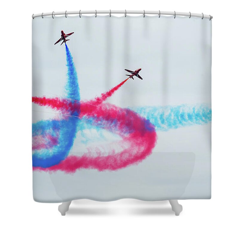 Eastbourne International Airshow Shower Curtain featuring the photograph Crossing the Red Arrows by Andrew Lalchan