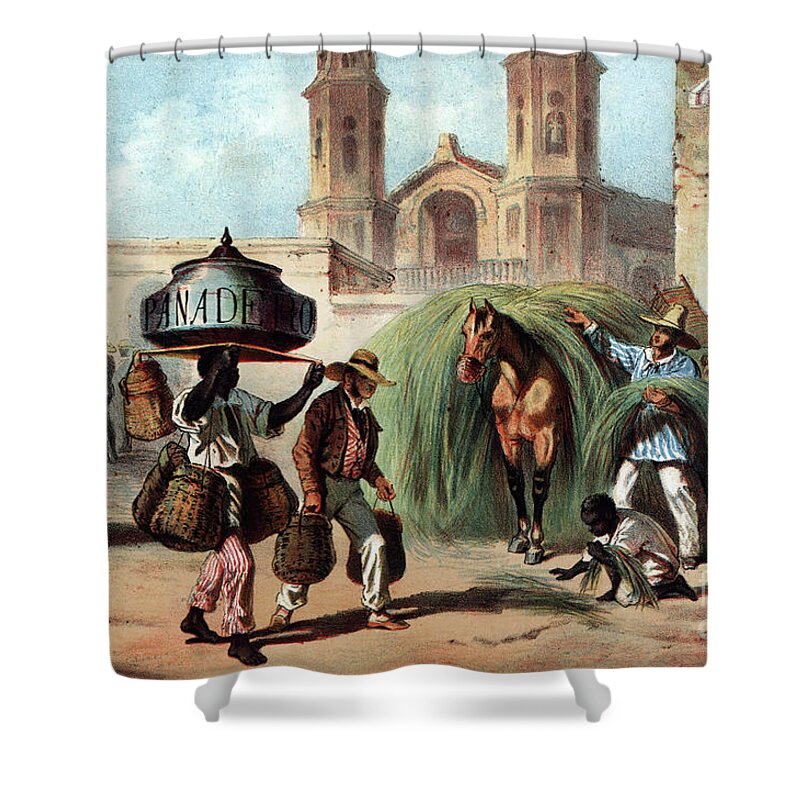 1855 Shower Curtain featuring the drawing Cuba - Vendors, 1855 by Granger