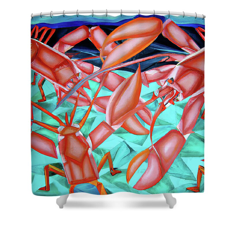 Cgi Illustration Shower Curtain featuring the digital art Cubist painting of lobsters on the ocean floor by Steve Estvanik