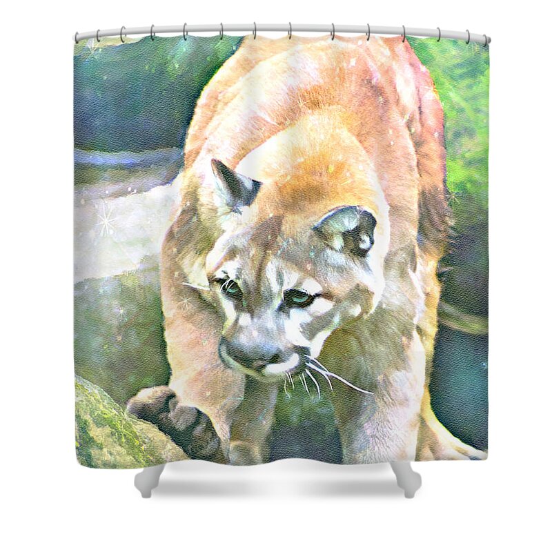 Cunning Shower Curtain featuring the mixed media Cunning Cougar by Laurie's Intuitive