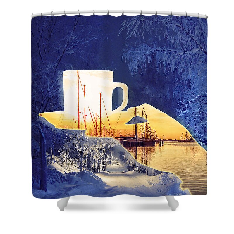 Winter Shower Curtain featuring the digital art Cup of tea in the winter evening by Alex Mir