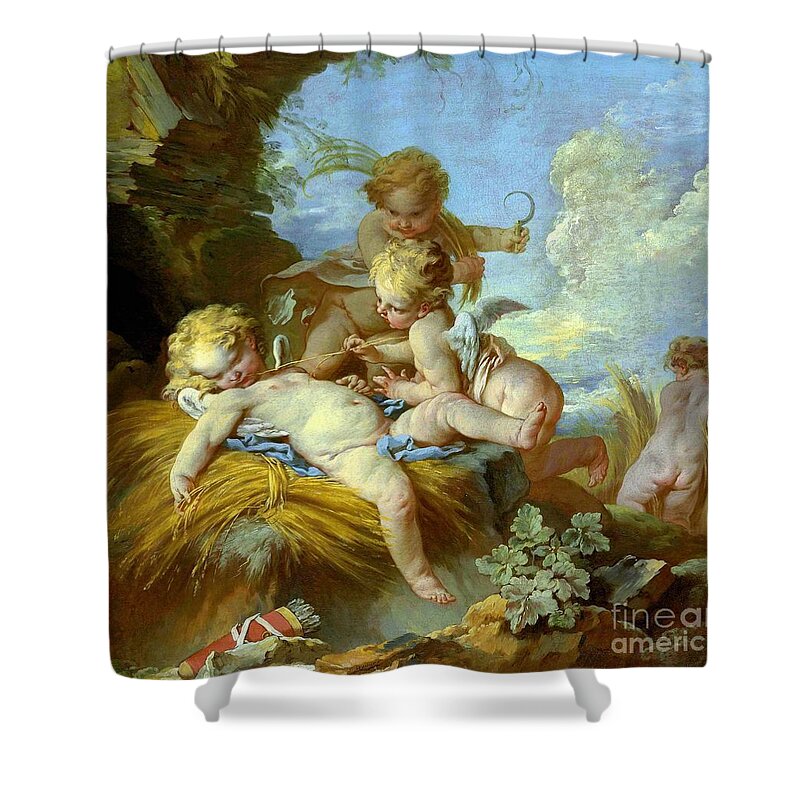 L'amour Moissonneur Shower Curtain featuring the painting Cupid as a Reaper by Francois Boucher