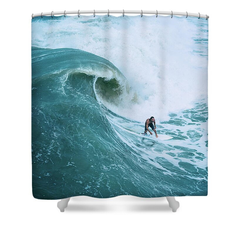 Surfer Shower Curtain featuring the photograph Curl - Big Wave Surfer sq by Laura Fasulo