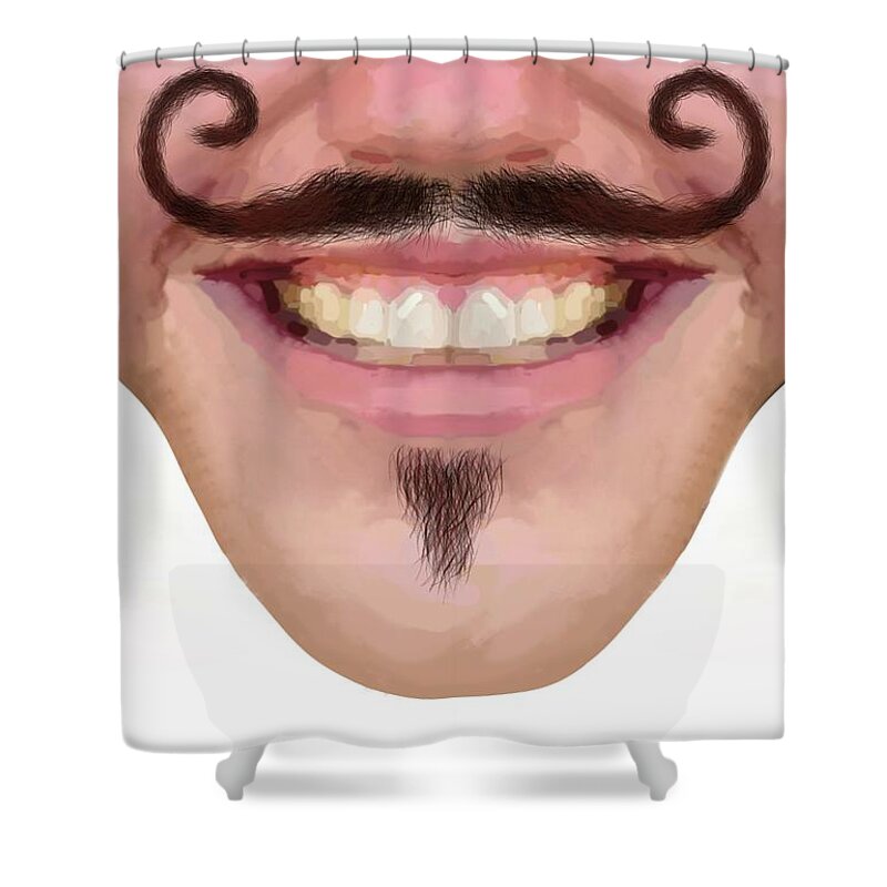 Face Shower Curtain featuring the drawing Curly Wax Moustache Facial Hair Male Novelty Face Mask by Joan Stratton