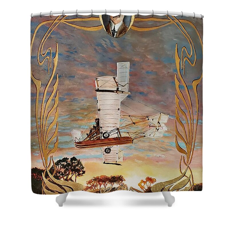 Glenn Curtiss Shower Curtain featuring the painting Curtiss, father of Naval Aviation by Merana Cadorette