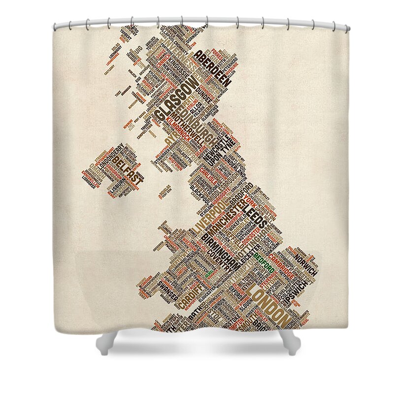 United Kingdom Shower Curtain featuring the digital art CUSTOM Great Britain UK City Text Map by Michael Tompsett