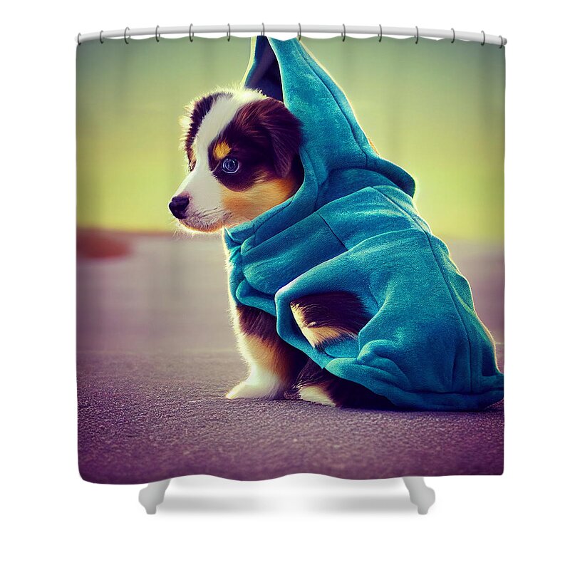 Design Shower Curtain featuring the painting Cute Australian Shepard Puppy In A Shark Hoodie A416441c C1a2 4b6f A676 C816c474f6de by MotionAge Designs
