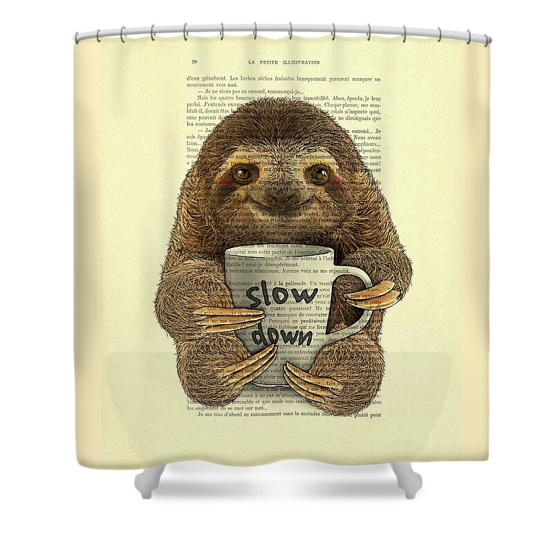 Sloth Shower Curtain featuring the digital art Cute baby sloth with coffee mug Slow down quote by Madame Memento