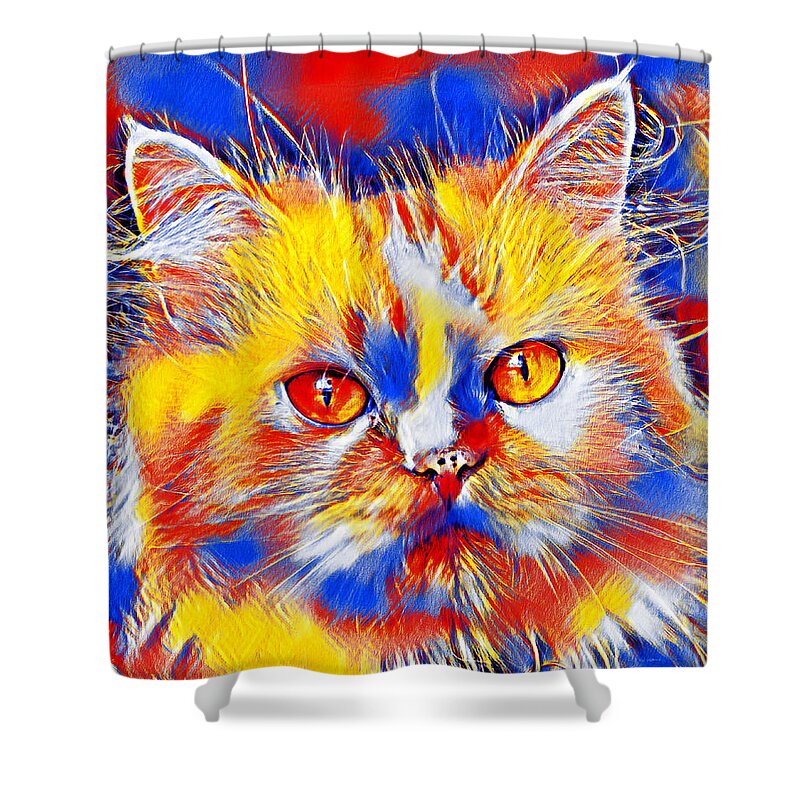 Persian Cat Shower Curtain featuring the digital art Cute colorful Persian cat in blue, red and yellow by Nicko Prints