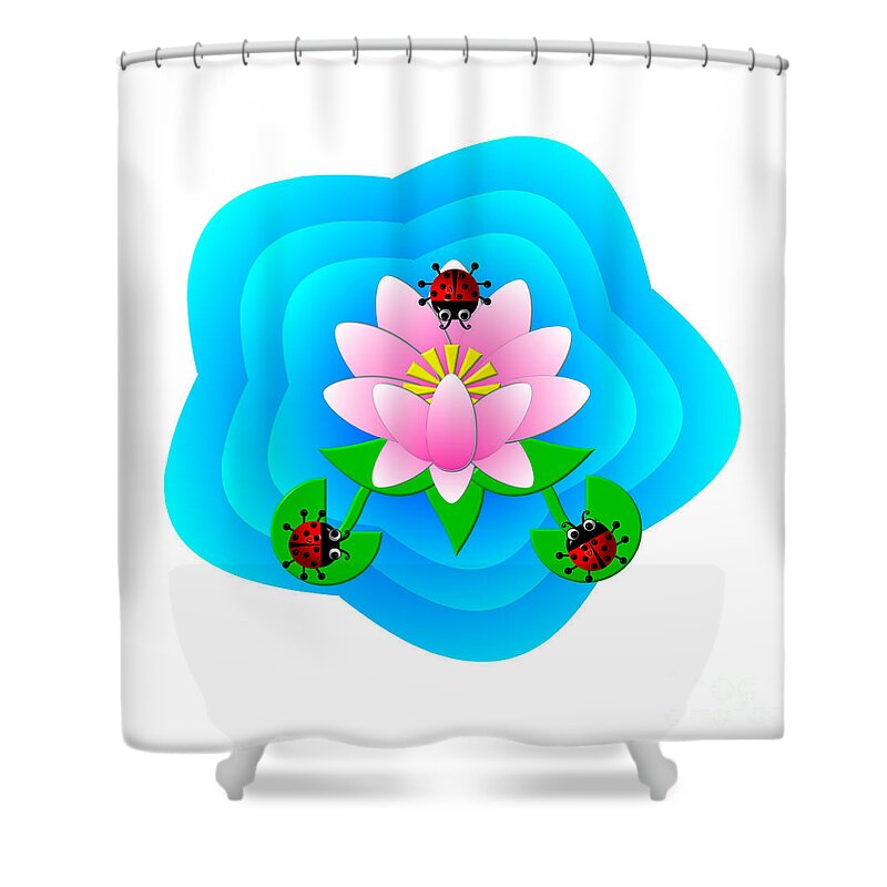 Cute Critters With Heart Ladybugs And Lotus Flower Shower Curtain featuring the digital art Cute Critters With Heart Ladybugs and Lotus Flower by Rose Santuci-Sofranko