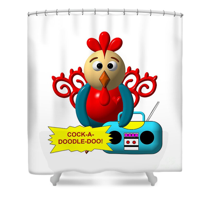 Cute Critters With Heart Rooster And Radio Shower Curtain featuring the digital art Cute Critters With Heart Rooster and Radio by Rose Santuci-Sofranko