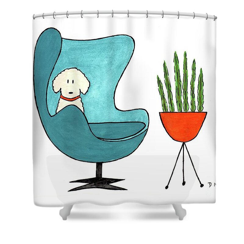 Arne Jacobsen Egg Chair Shower Curtain featuring the painting Cute Dog in Teal Arne Jacobsen Chair by Donna Mibus