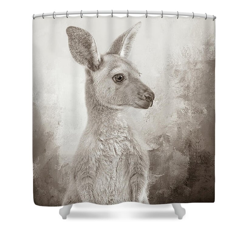 Kangaroo Shower Curtain featuring the photograph Cute Kangaroo Sepia by Elisabeth Lucas