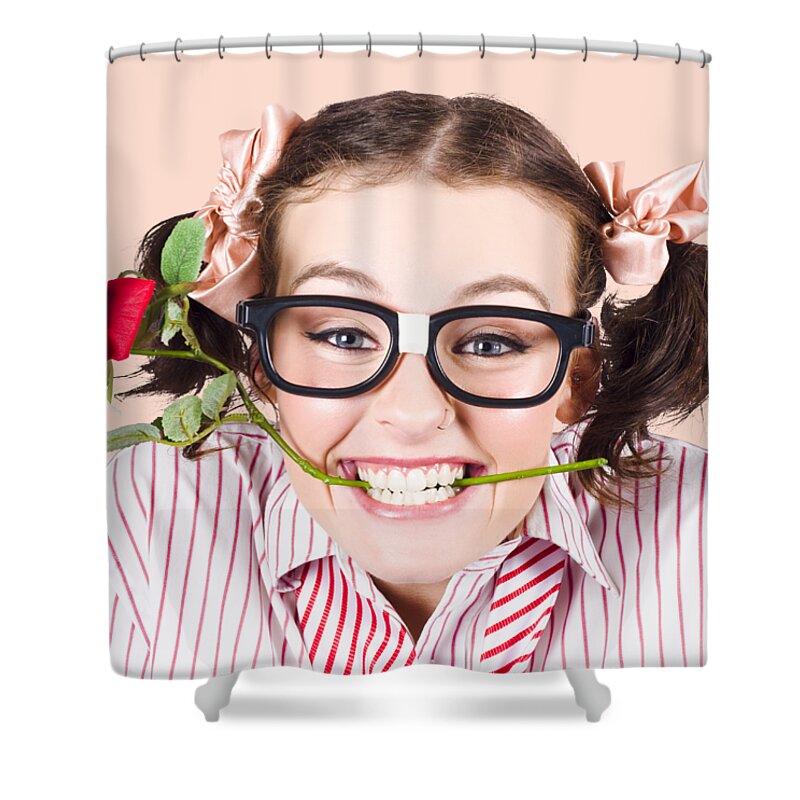 Funny Shower Curtain featuring the photograph Cute Smiling Woman Wearing Nerd Glasses With Rose by Jorgo Photography