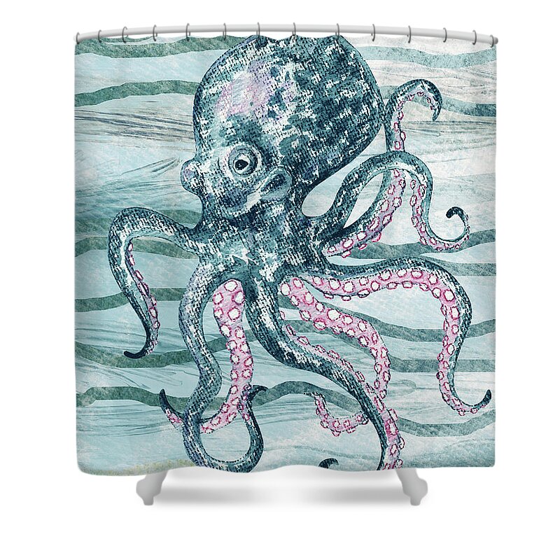 Octopus Shower Curtain featuring the painting Cute Teal Blue Watercolor Octopus On Calm Wave Beach Art by Irina Sztukowski