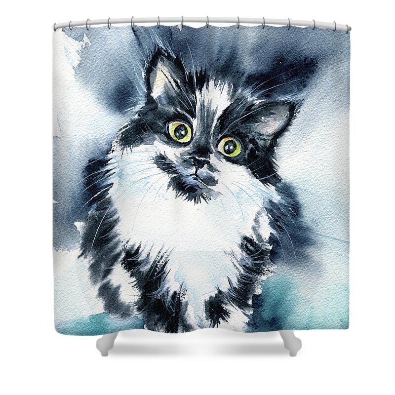 Cats Shower Curtain featuring the painting Cute Tuxedo Kitten Painting by Dora Hathazi Mendes