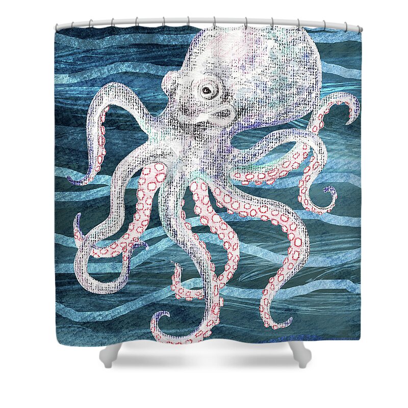 Octopus Shower Curtain featuring the painting Cute Watercolor Octopus On A Blue Wave Beach Art by Irina Sztukowski