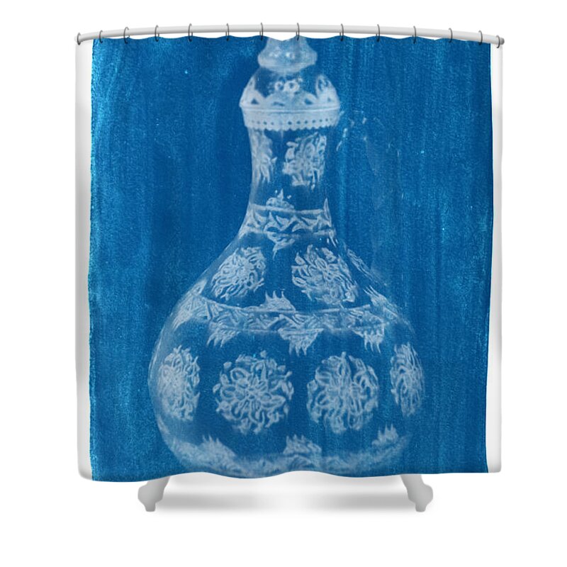 Cyanotype Photo Of A Plant - Dreaded Shower Curtain featuring the photograph Cyanotype Photo of a plant - Dreaded, Pierre Joseph THE ROSES BY PJ REDOUTE, PAINTER OF FLOWERS, by Celestial Images