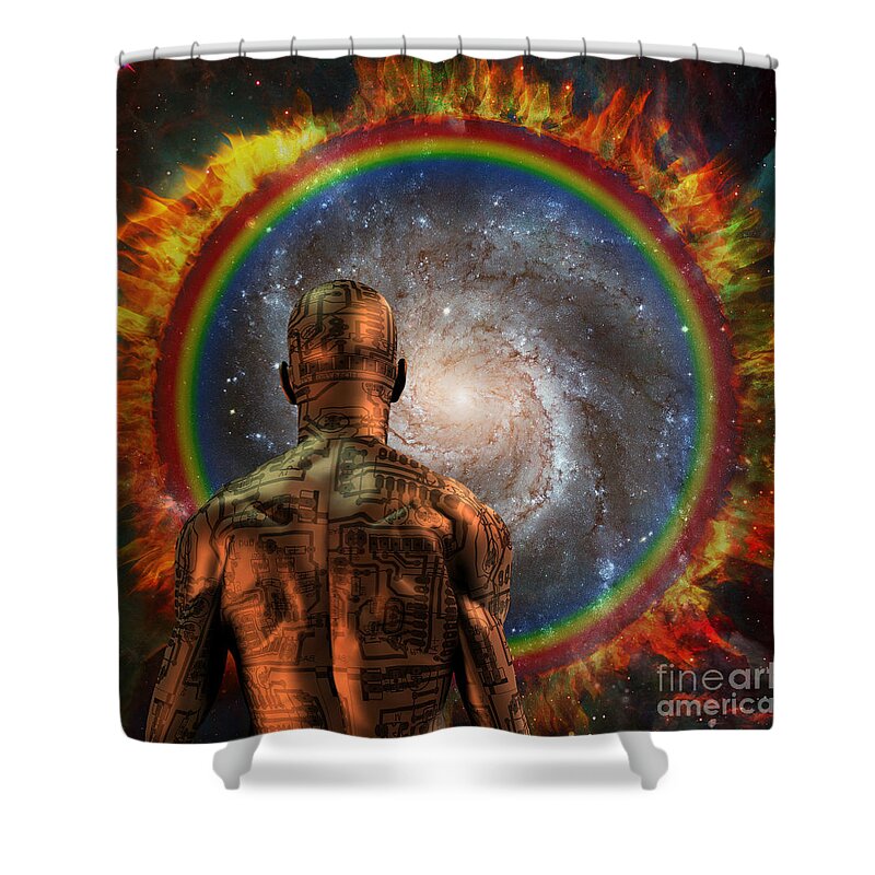 Cyborg Shower Curtain featuring the digital art Cyborg before the space portal by Bruce Rolff